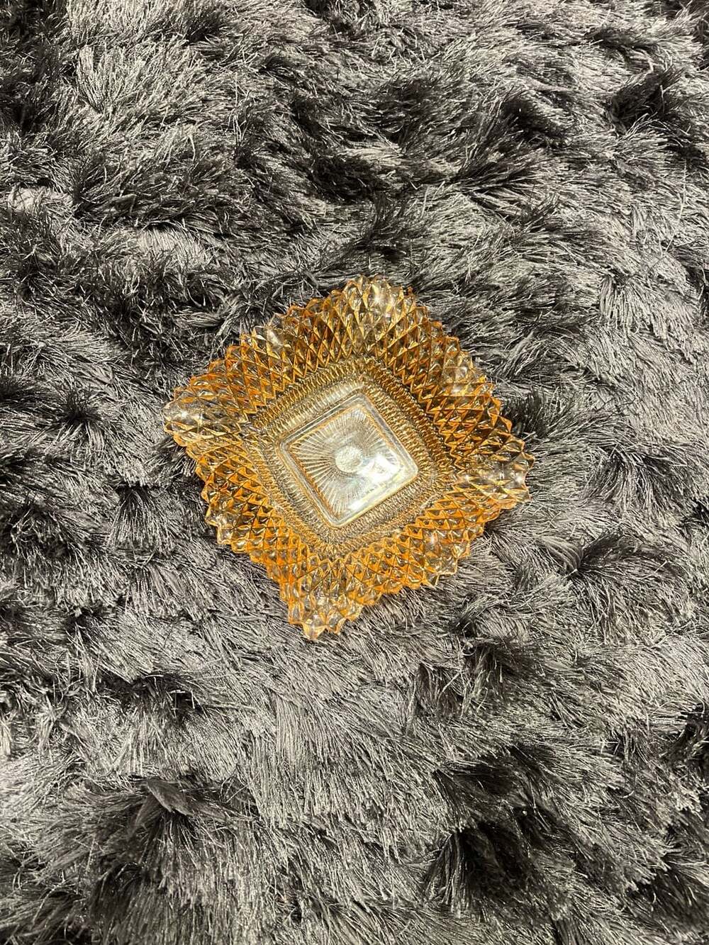 Vintage Indiana Glass Amber Diamond Point Square Ruffled Bowl